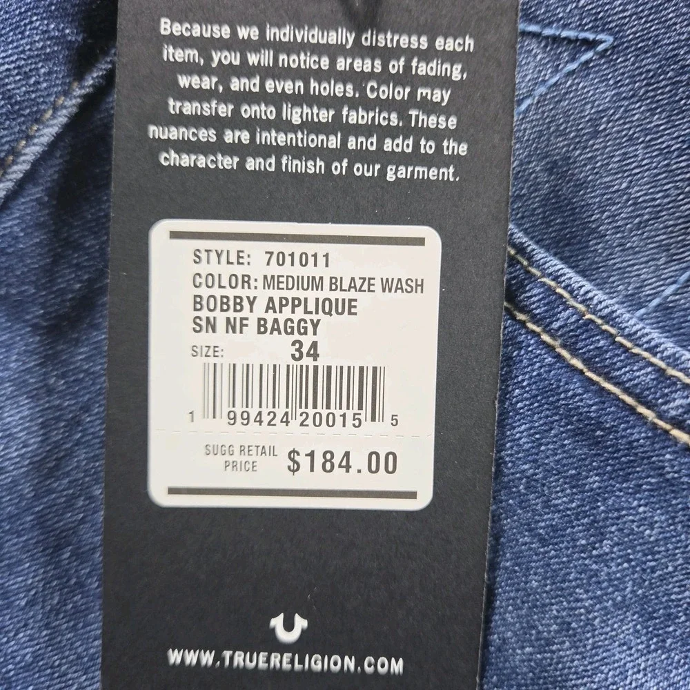 True Religion Bobby Applique Relaxed Baggy Jeans 34x32 Medium Blaze Wash NWT